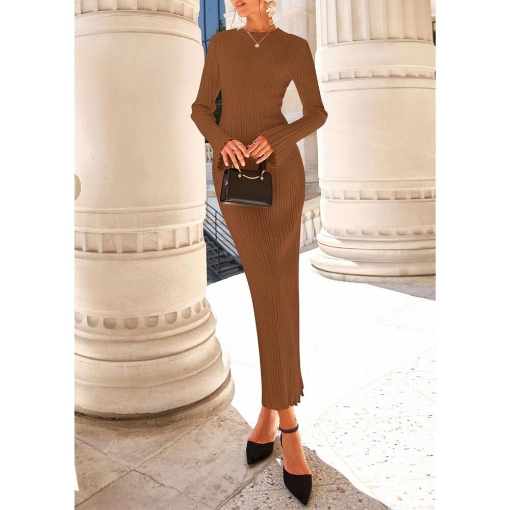 Women's Caramel Fall Bell Long Sleeve Crew Neck Bodycon Sweater Maxi Dress - Picture 5 of 7